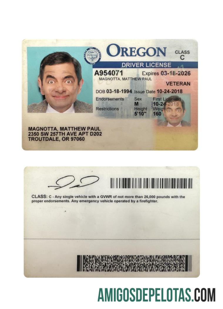 Carta de condução dos EUA Oregon 2018 presente exemplo